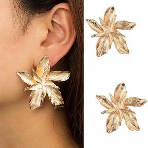 New Textured Gold Flower Post Statement Earrings